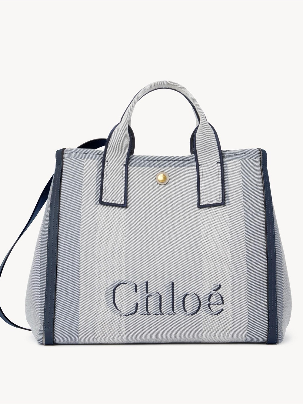 NEW Chloé Carry Logo Detailed Large Tote Bag in Striped Moonlight Blue Bag